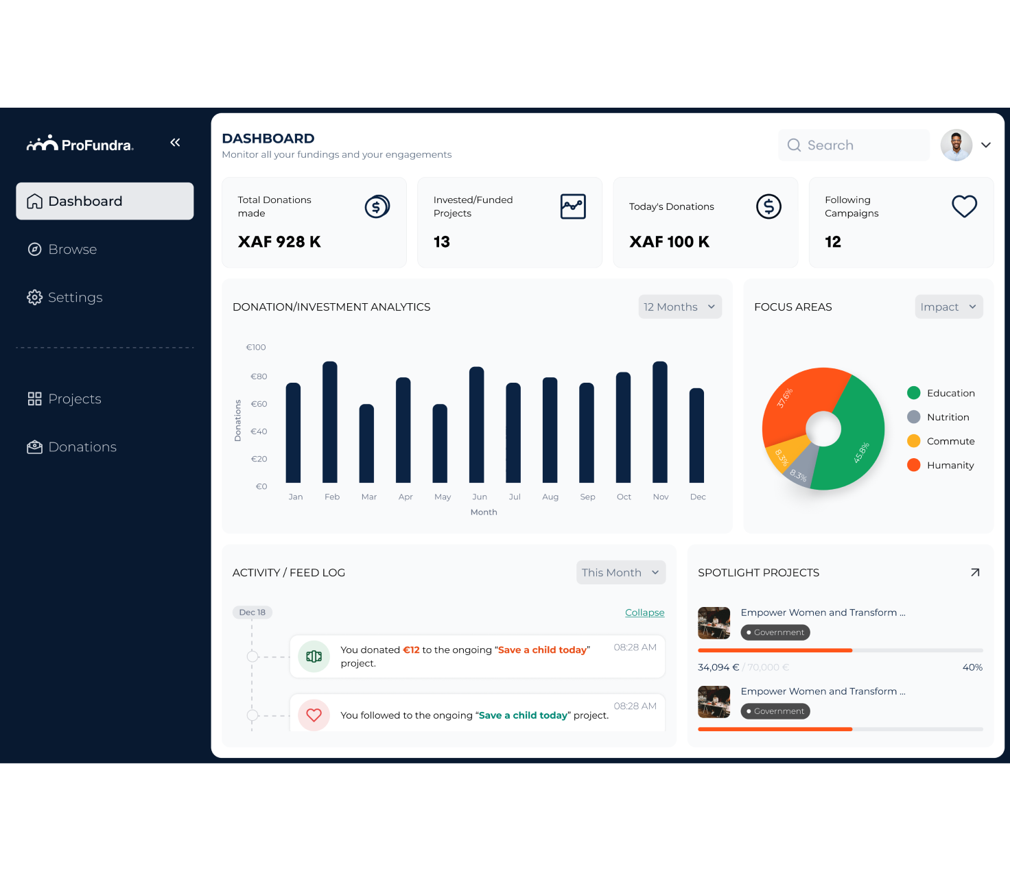 profundra mobile app interface showing payment dashboard