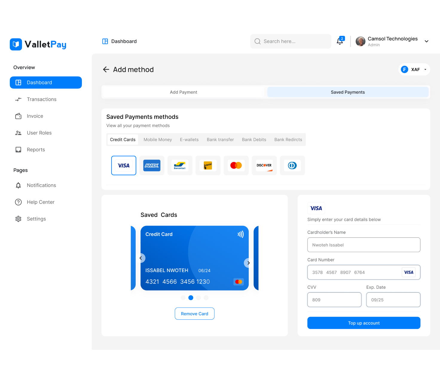 ValletPay mobile app interface showing payment dashboard